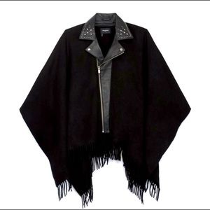 KOOPLES NWT BLACK WOOL FRINGED PONCHO BIKER COLLAR